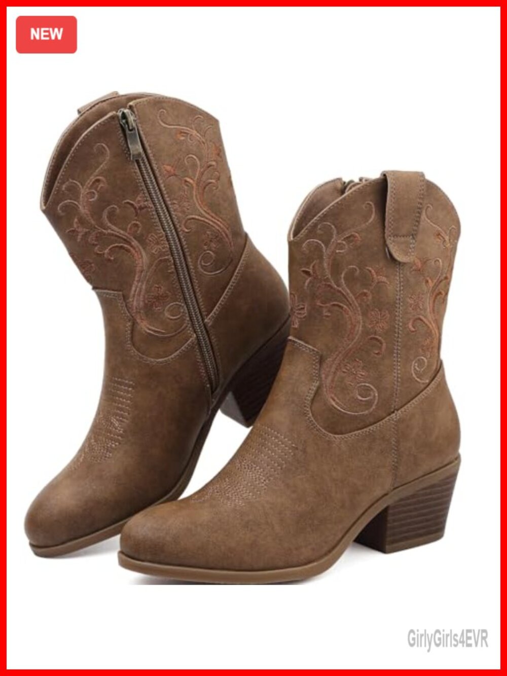 Women Western Cowboy Boots Short Shaft Side Zip Floral Embroidered Faux Leather